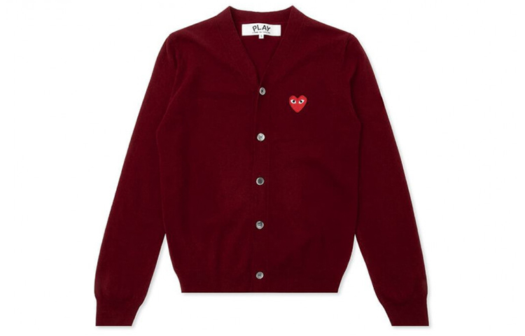 Comme Des Garçons CDG Play Red Heart Embroidered Wool Cardigan Sweater Men’s Burgundy AZ-N008-051-4