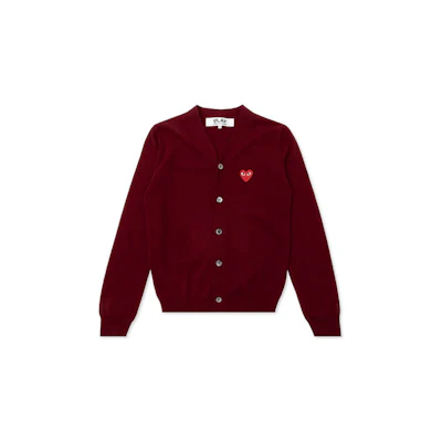 Comme Des Garçons CDG Play Red Heart Embroidered Wool Cardigan Sweater Men’s Burgundy AZ-N008-051-4