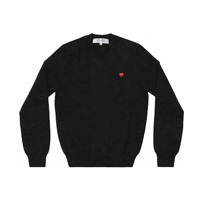 Comme Des Garçons CDG Play Red Heart Logo Black V-Neck Wool Sweater. AZ-N078-051-1