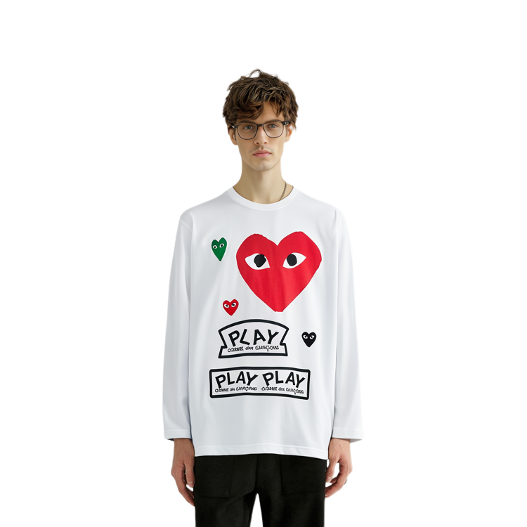 Lookbook Comme Des Garçons CDG Play Red Heart Logo  Long Sleeve T-Shirt White. AZ-T284-051-1