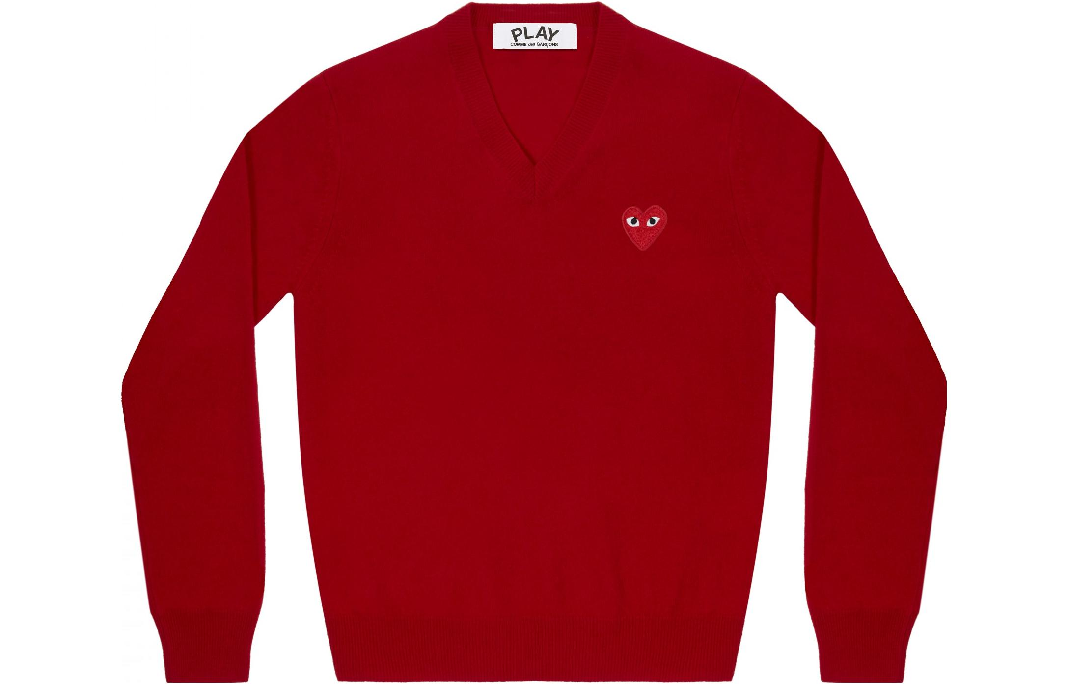 Comme Des Garçons CDG Play Red Men’s V-Neck Knit Sweater with Heart Embroidery. AZ-N002-051-5