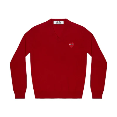 Comme Des Garçons CDG Play Red Men’s V-Neck Knit Sweater with Heart Embroidery. AZ-N002-051-5
