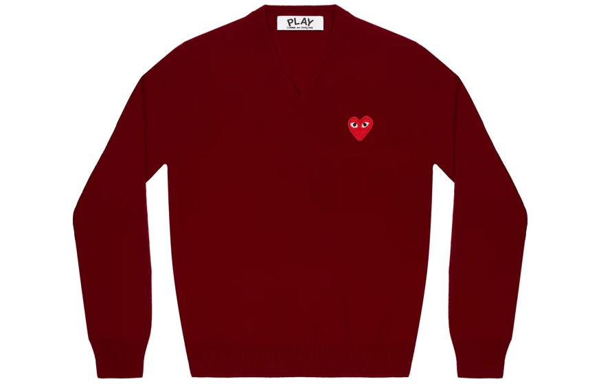 Comme Des Garçons CDG Play Solid V-Neck Heart Embroidery Sweater  Purple Red. AZ-N002-051-4