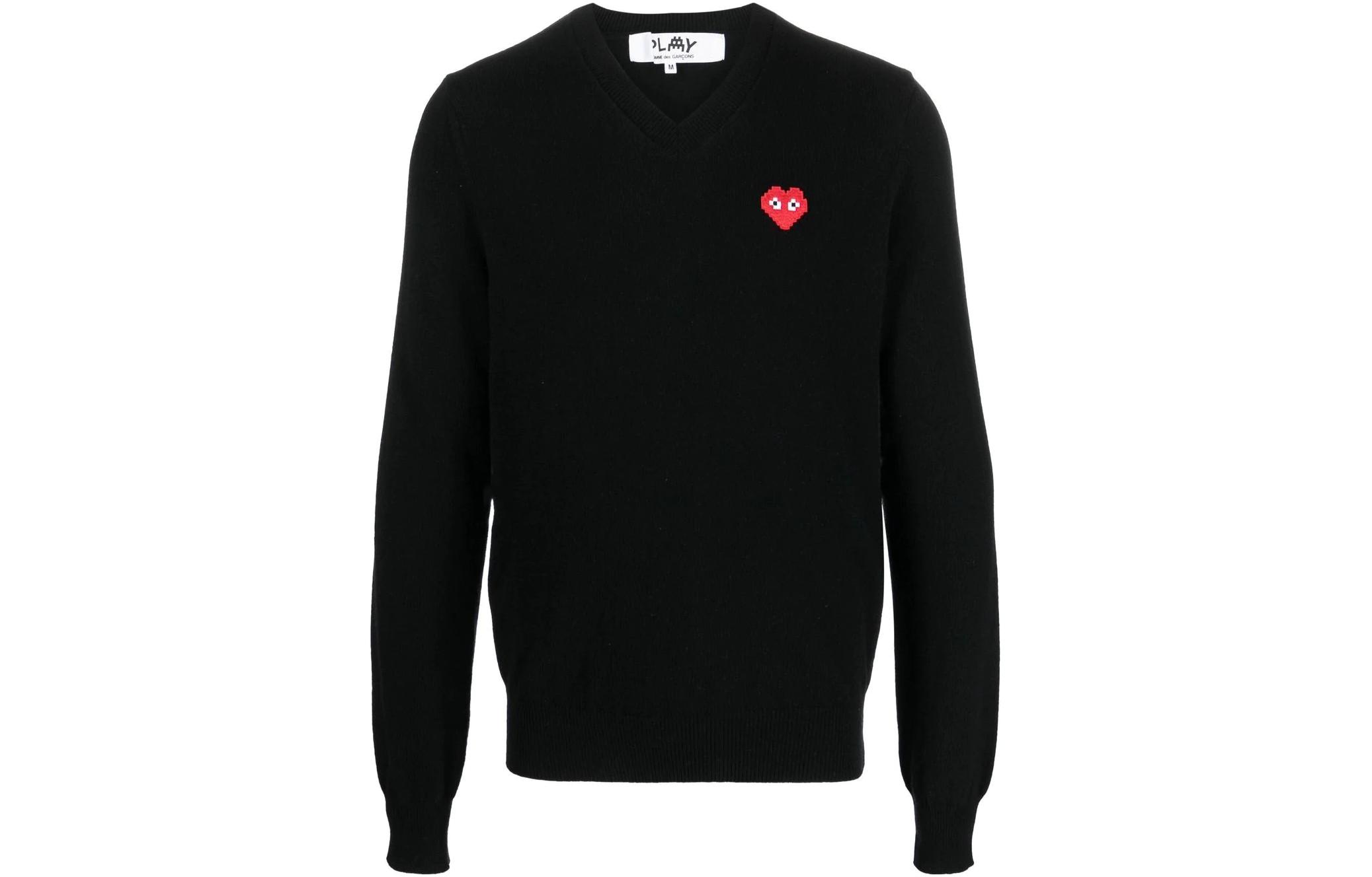 Comme Des Garçons CDG Play SS23  Black V-Neck Pullover Sweater with Heart Embroidery. P1N082-1