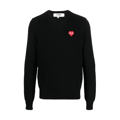 Comme Des Garçons CDG Play SS23 Black V-Neck Pullover Sweater with Heart Embroidery. P1N082-1