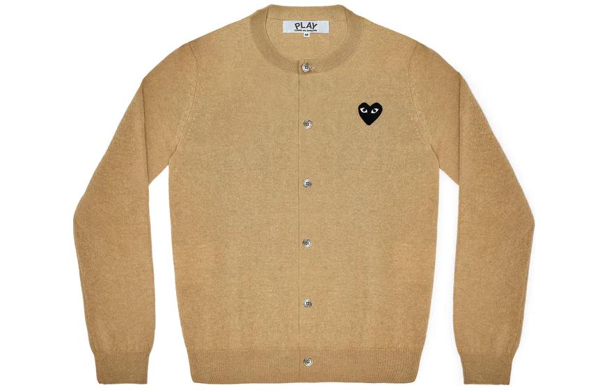 Comme Des Garçons CDG Play SS24 Black Heart Cardigan Unisex Beige Long Sleeve Sweater. AX-N023-051-TOP LIGHT CAMEL