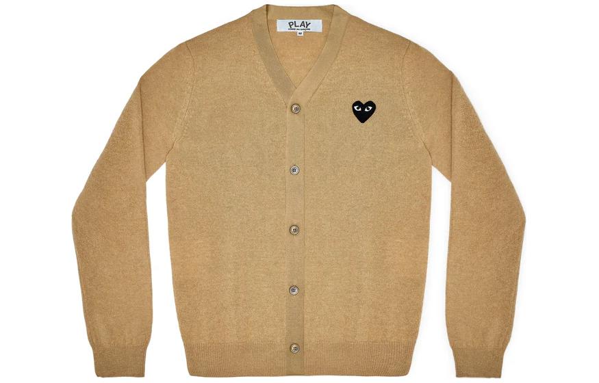 Comme Des Garçons CDG Play SS24 Black Heart V-Neck Button Cardigan Unisex Toplight Camel. AX-N024-051-TOP LIGHT CAMEL