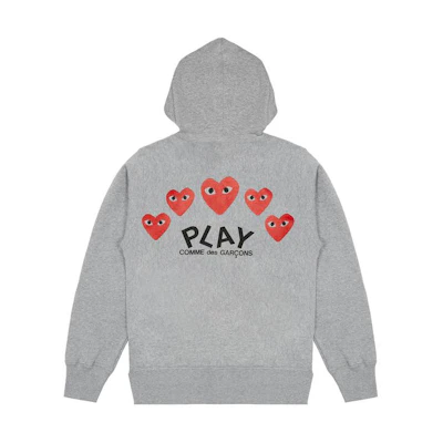 Comme Des Garçons CDG Play SS24 Grey Hoodie with Heart on Chest & Five Hearts on Back Unisex. AX-T250-051-TOP GRAY