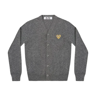 Comme Des Garçons CDG Play SS24 Yellow Heart V-Neck Grey Cardigan Unisex Sweater. AX-N050-051-MEDIUM-GRAY