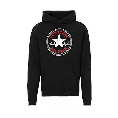 Converse All Star Patch Fleece Hoodie Black Unisex Pullover with Graphic Print 10025470-A01