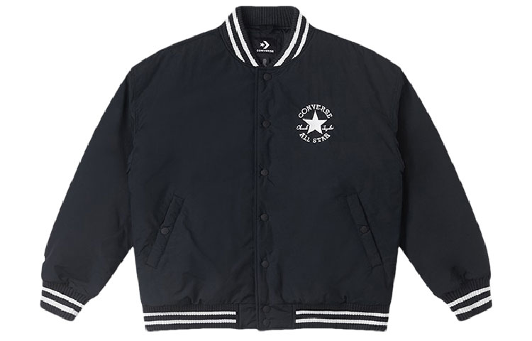 Converse Black Colorblock Striped Letter Print Baseball Jacket Long Sleeve 10025261-A03