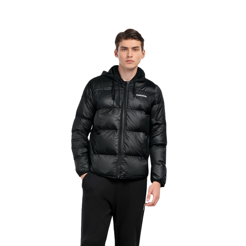 Cheap Chaqueta de Invierno Negra Converse Acolchada con Capucha Abrigada. 10021981-A01