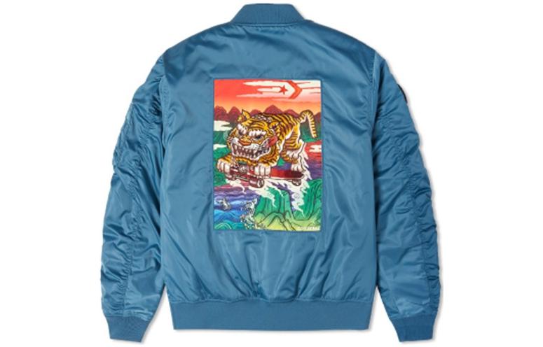 Converse CNY Tiger Print Logo Patch Loose Zip Bomber Jacket Men’s Blue 10024146-A01