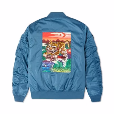 Converse CNY Tiger Print Logo Patch Loose Zip Bomber Jacket Men’s Blue 10024146-A01