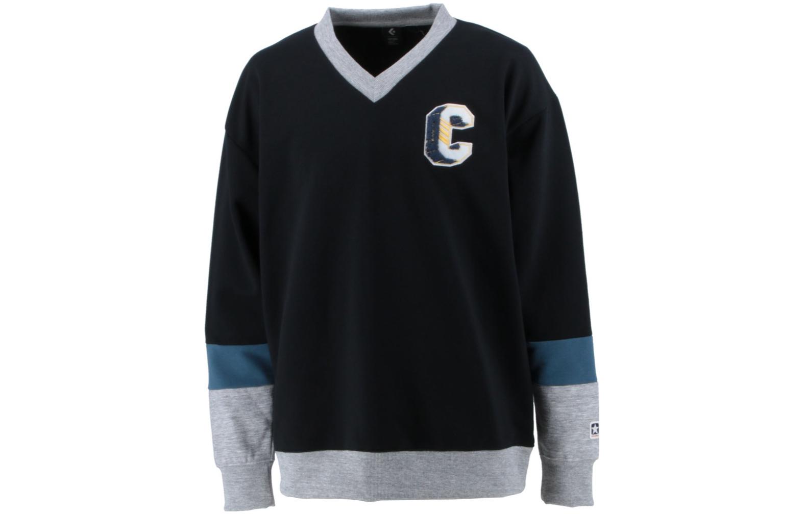 Converse Letter Print V-Neck Pullover Long Sleeve Unisex Sweatshirt Black CA222286-1900