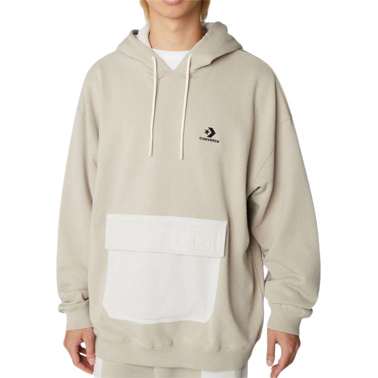 Converse Logo Embroidered Beige Hoodie with Drawstring and Long Sleeves 10023765-A03