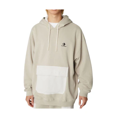 Converse Logo Embroidered Beige Hoodie with Drawstring and Long Sleeves 10023765-A03