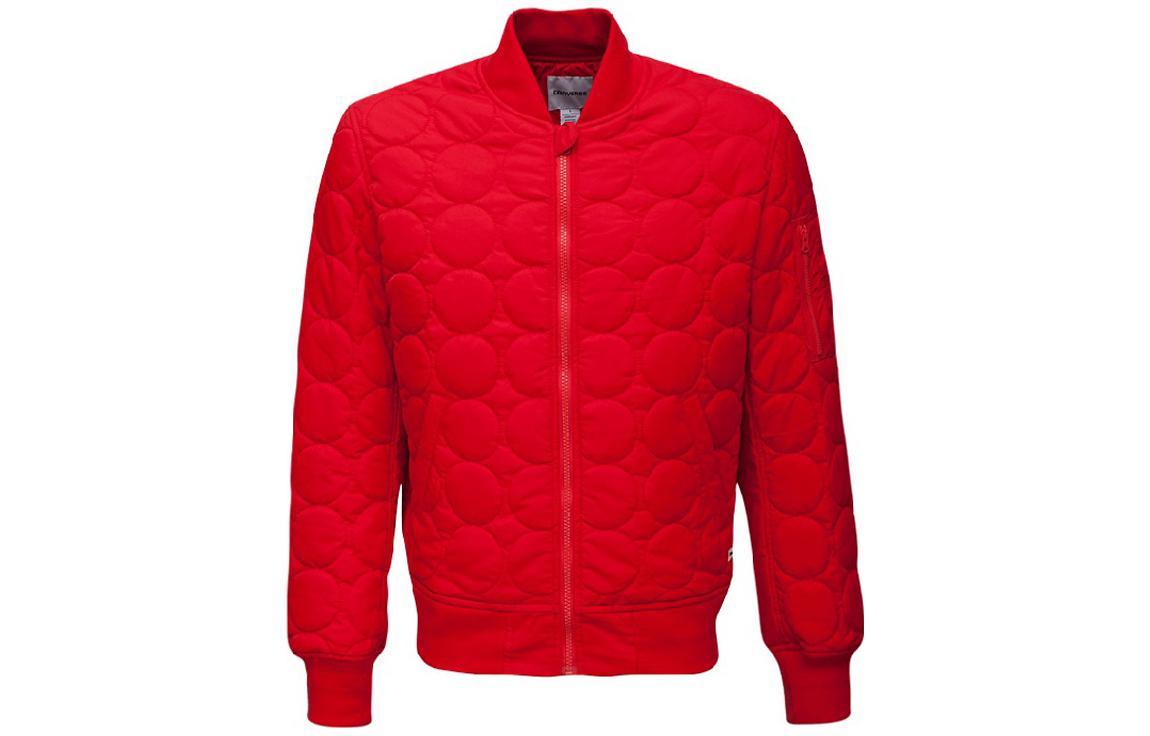 Converse Solid Red Thick Short Baseball Jacket with Stand Collar 10003390-A02