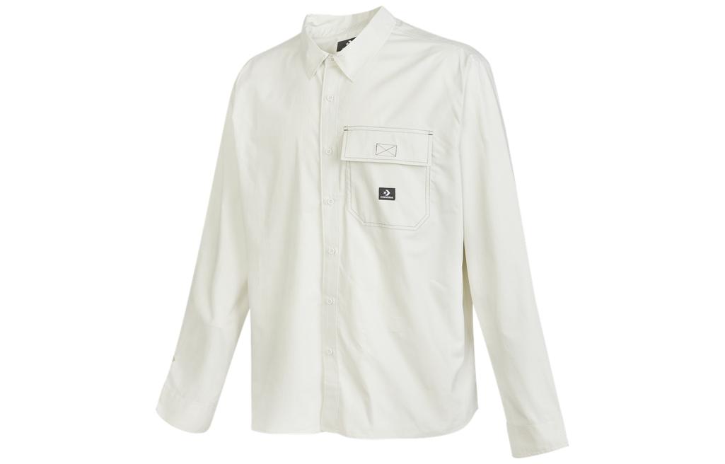 Converse White Logo Print Button-Up Polo Long Sleeve Shirt Casual Wear 10023803-A02