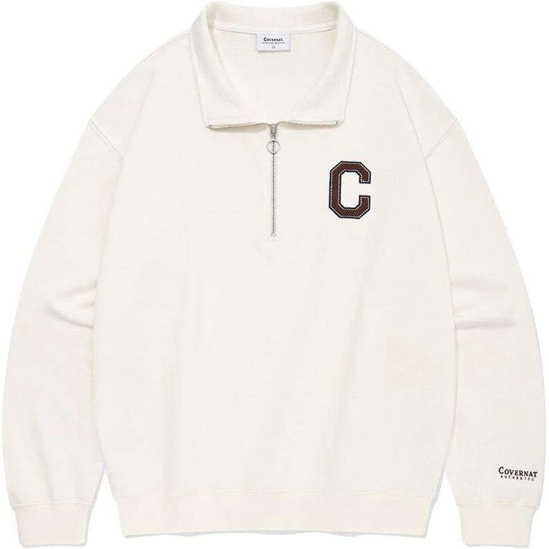 covernat-embroidered-logo-half-zip-pullover-cotton-sweatshirt-ivory-casual-basic-co-2403-cr-10-iv