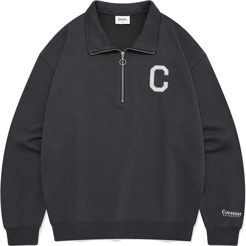 COVERNAT Embroidered Logo Half-Zip Pullover Sweatshirt Charcoal Gray Unisex CO2403CR10CH