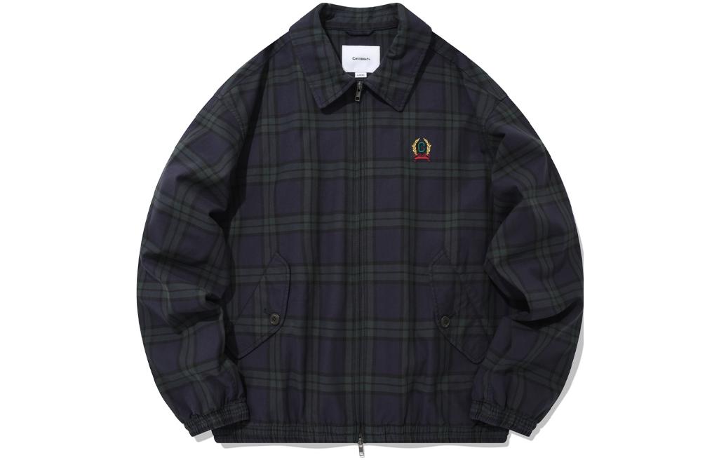 COVERNAT Embroidered Logo Plaid Zip-Up Jacket Navy Blue - CO2201JK05NA