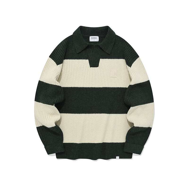 COVERNAT Fall/Winter Striped Knit Sweater Polo Unisex Green CO2303KT17GN