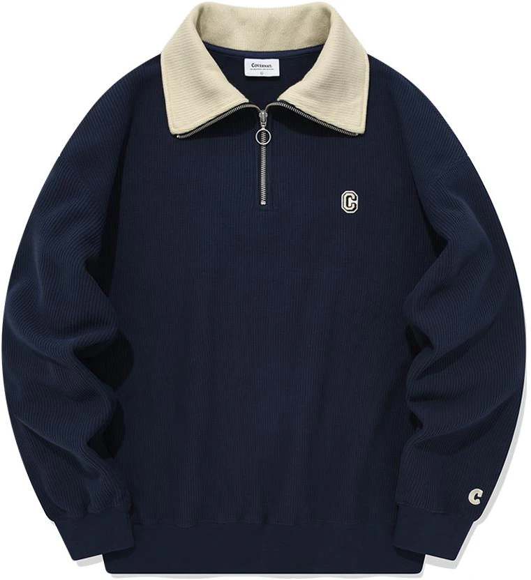 covernat-fw-23-arch-logo-half-zip-pullover-sweatshirt-navy-unisex-fall-style-co-2303-cr-08-na