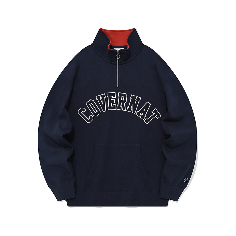 COVERNAT FW23 Arch Logo Half-Zip Sweatshirt Navy Unisex Casual Fall Style. CO2303CR17NA