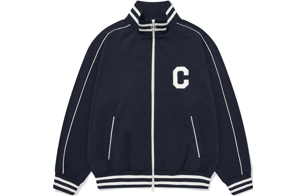 COVERNAT FW23 Striped Zip Jacket with Letter Print Unisex Navy Blue CO2303JK41DN