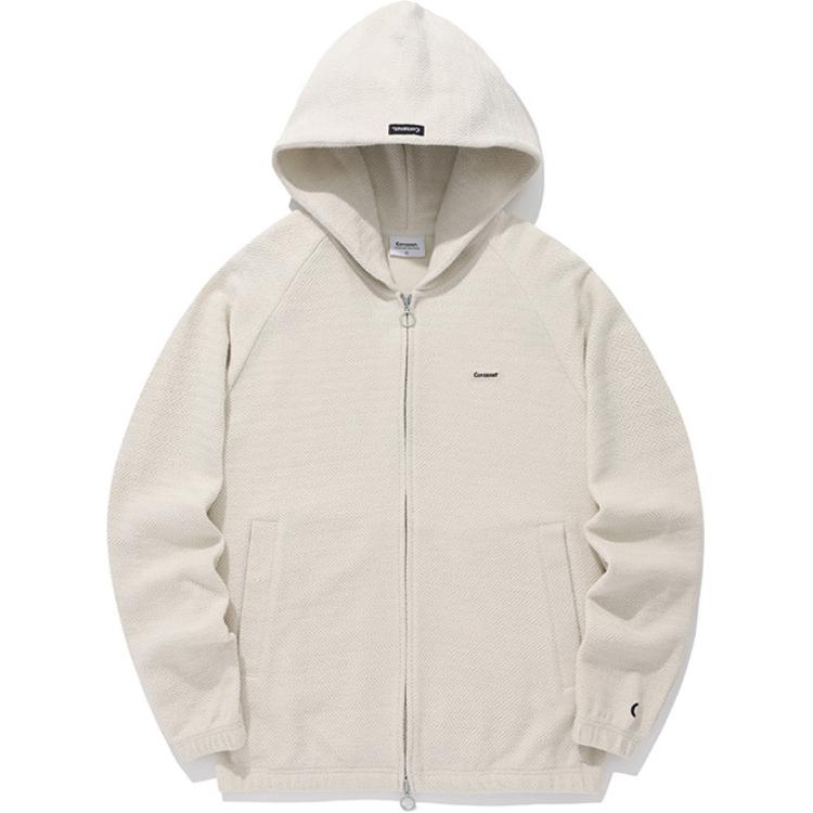 COVERNAT FW24 Herringbone Zipper Hoodie Oatmeal Unisex Fall Casual Jacket. CO2401HZ03OT