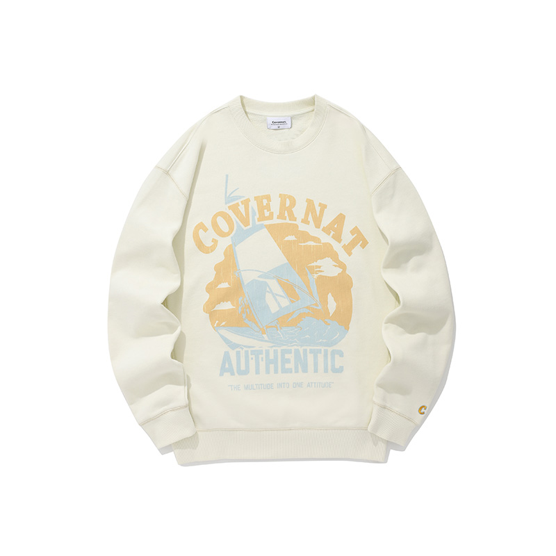COVERNAT FW24 Letter Sailboat Print Ivory White Unisex Cozy Sweatshirt CO2401CR09IV