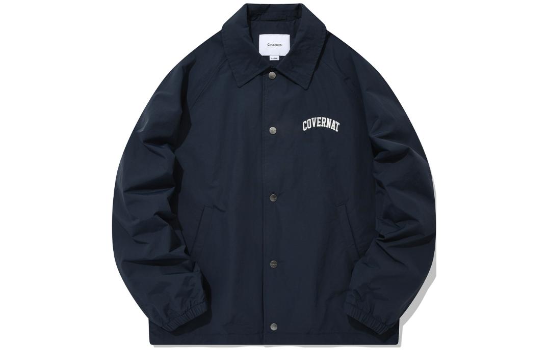 COVERNAT Navy Blue Embroidered Lettering Collared Button-Up Jacket. CO2201JK07NA