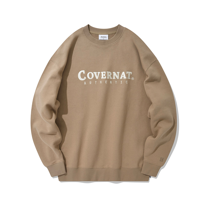 COVERNAT Oversized Embroidered Logo Crewneck Sweatshirt Beige Unisex Fall Casual. CO0000CR02BE