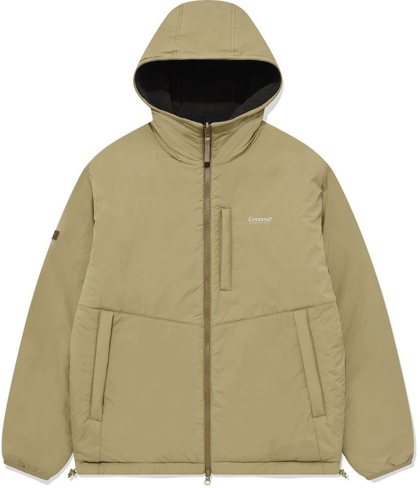 covernat-reversible-letter-print-patchwork-long-sleeve-jacket-black-khaki-unisex-co-2303-jk-19-kh