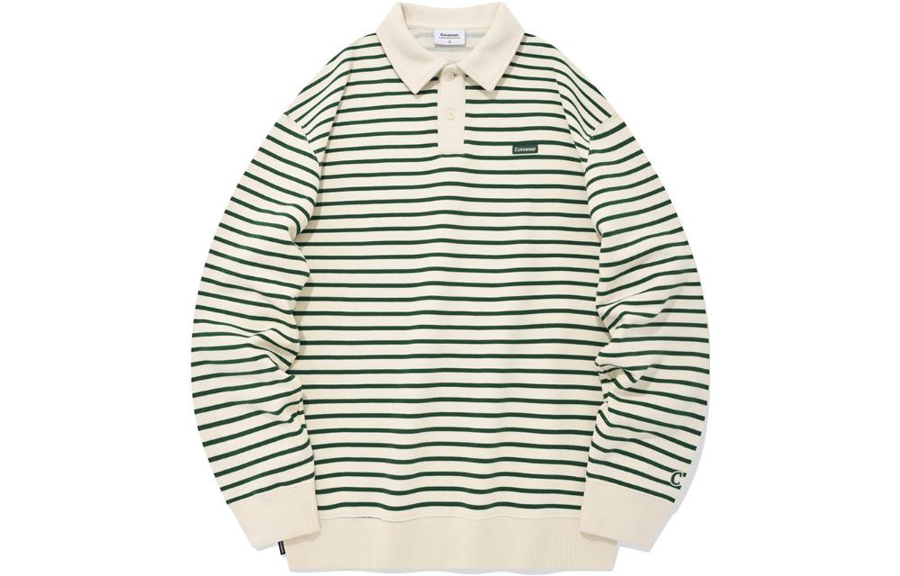 COVERNAT SS23 Cream Striped Pullover Collared Sweatshirt Unisex Relaxed Fit CO2301CR09CM