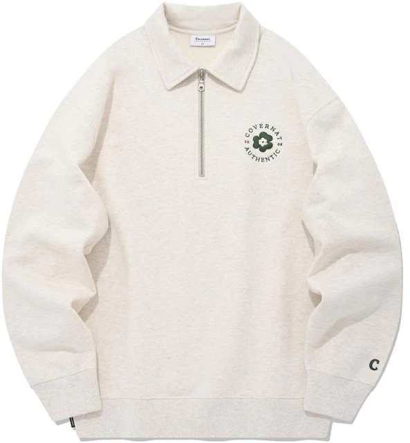 covernat-ss-23-trefoil-half-zip-pullover-sweatshirt-unisex-oatmeal-color-co-2301-cr-12-ot