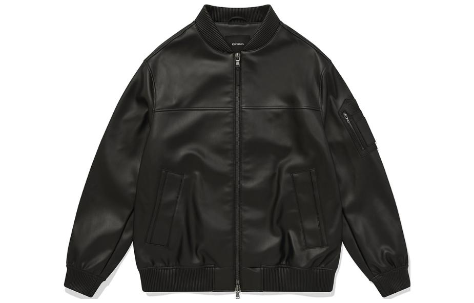 COVERNAT SS23 Unisex Black Leather Zip-Up Baseball Jacket CO2301JK30BK