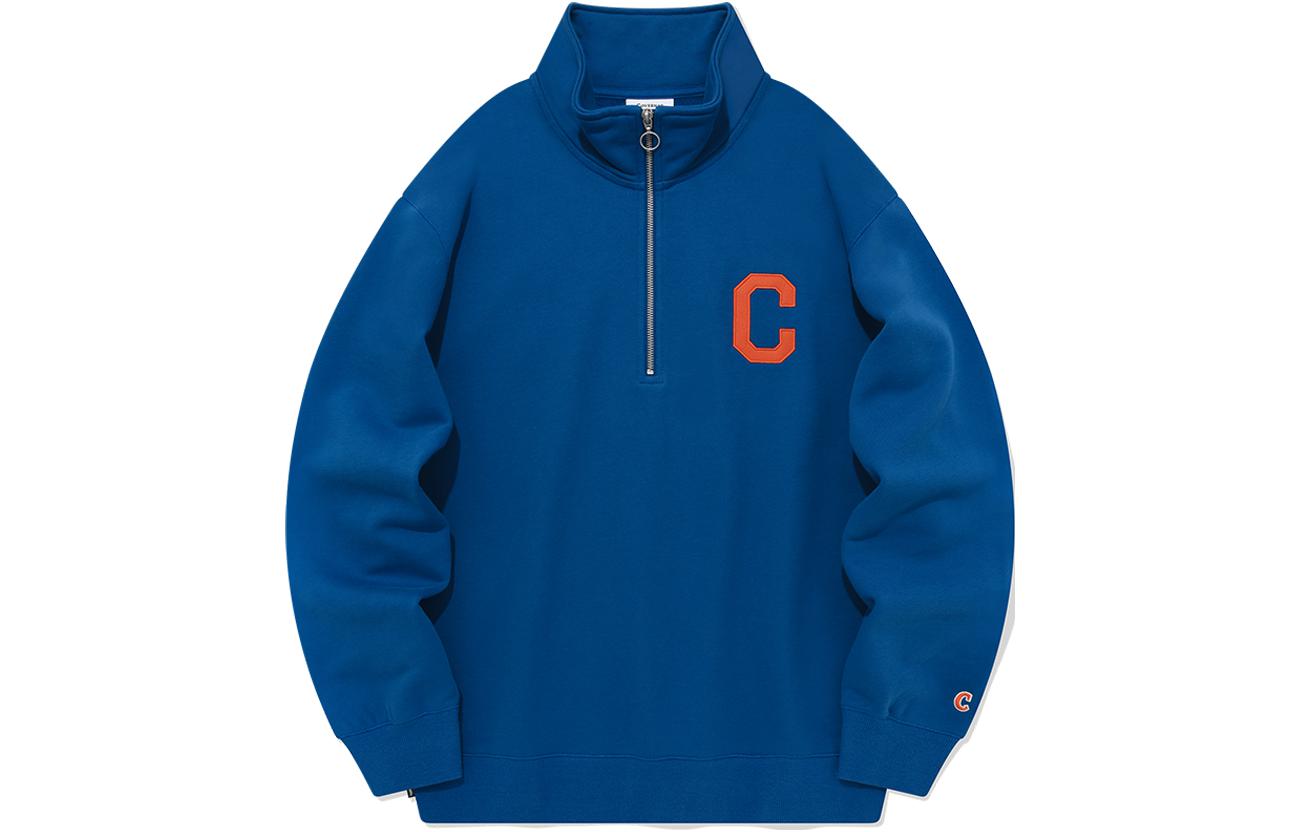 COVERNAT Unisex Blue Pullover Sweatshirt with Lettering and Stand Collar. CO2303CR13BL