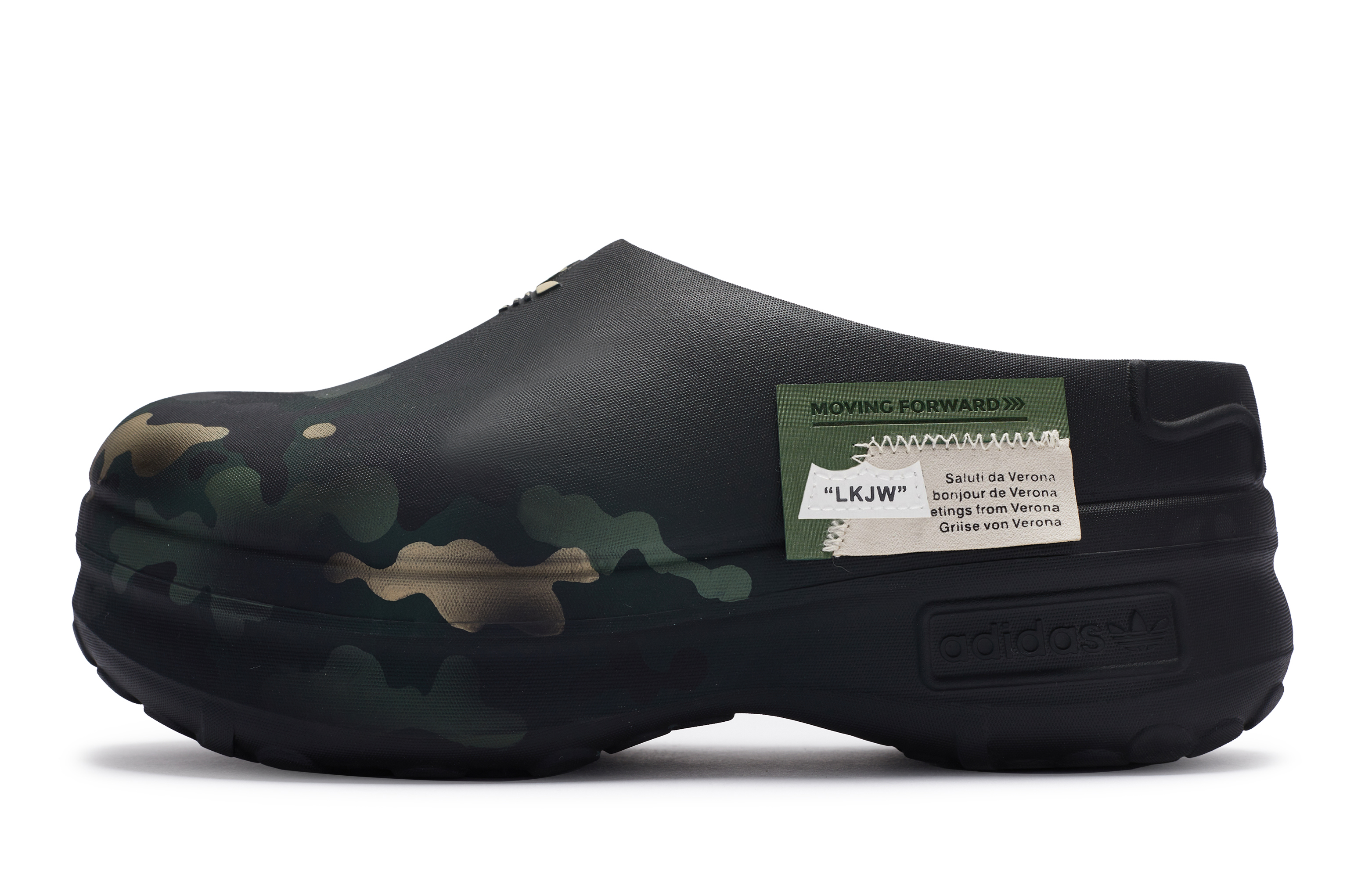 Custom Adidas AdiFOM Stan Smith Mule Camo Black Military-Style Slip-On Shoes. IE4626 (Team80- Defend Our Homeland)