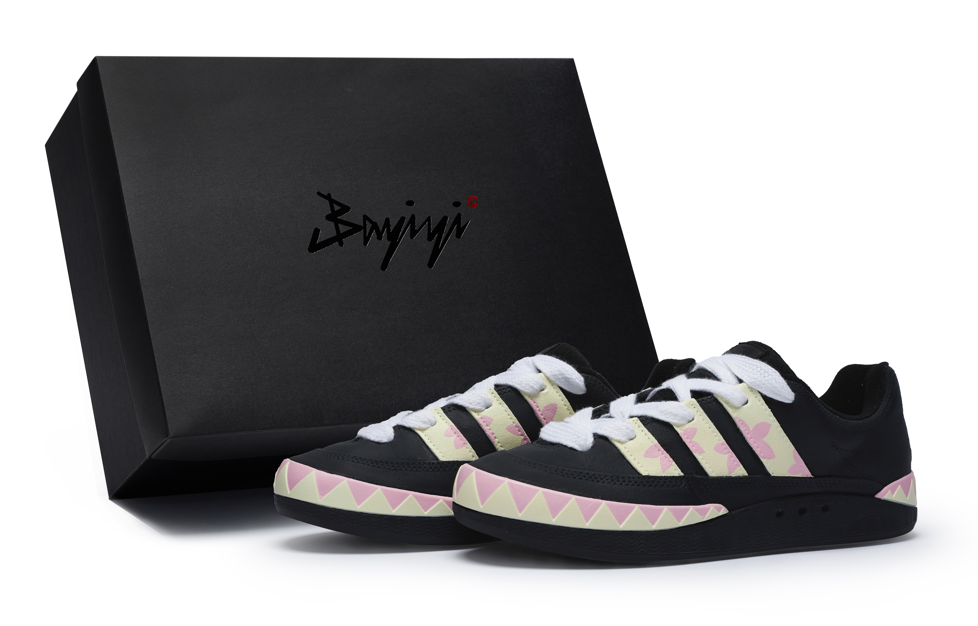 Custom adidas Originals Adimatic Cherry Blossom Black/Pink/Yellow Low-Top Sneakers. IE7363 (Team80 Spring Sakura S-BOX)