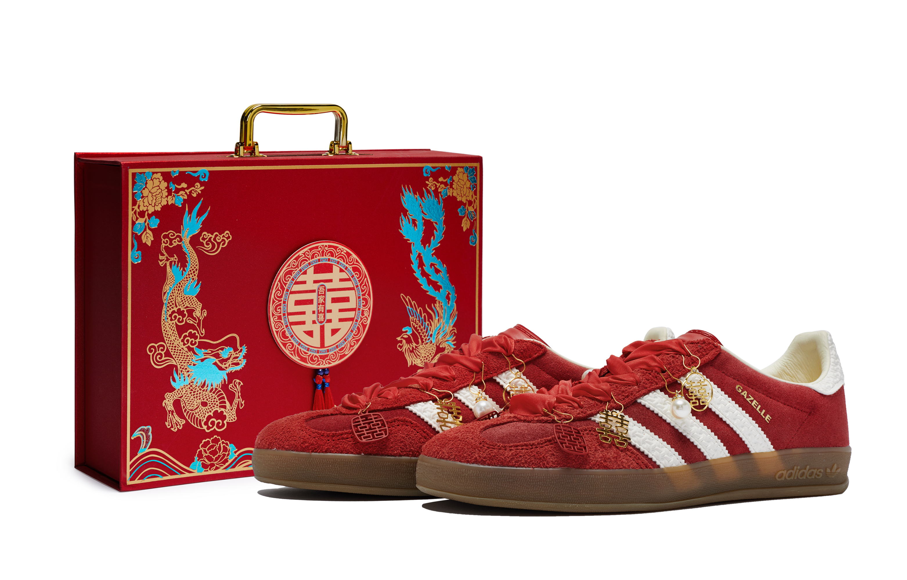 Custom adidas Originals Gazelle Indoor Wedding Sneakers Red/White/Gold . IF1808(Team80- Heavenly Gift S-BOX)