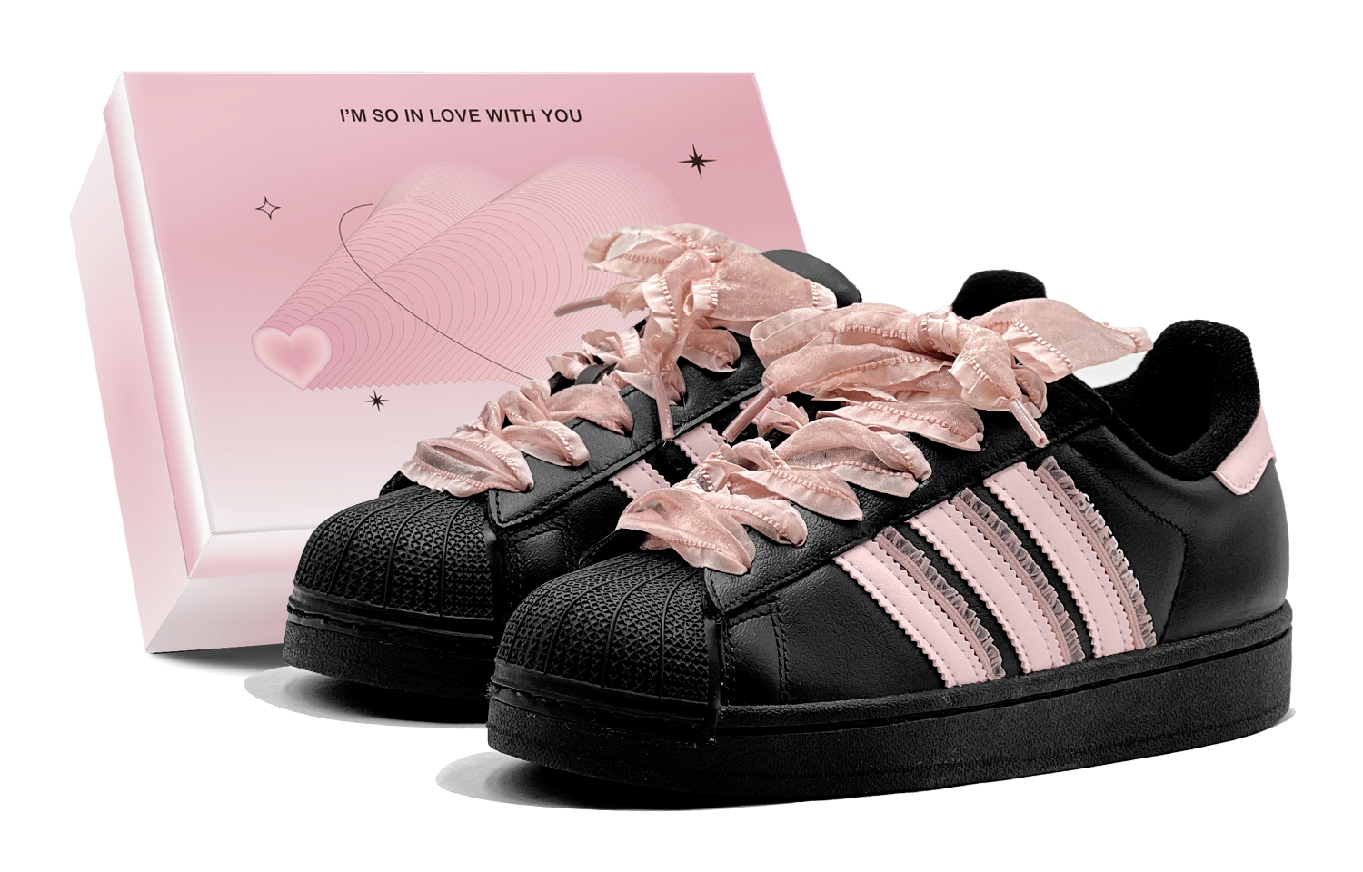 Custom adidas Originals Superstar 2 Pink Lace Romantic Sneakers Casual Shoes. JI0079 (TeamS1-Pink Lace S-BOX)