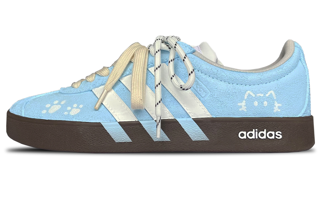 Custom adidas VL Court 2.0 Suede Blue Cat Paw Graffiti Casual Low-Top Sneakers HQ1802 (Team417-Lake Sea Blue)
