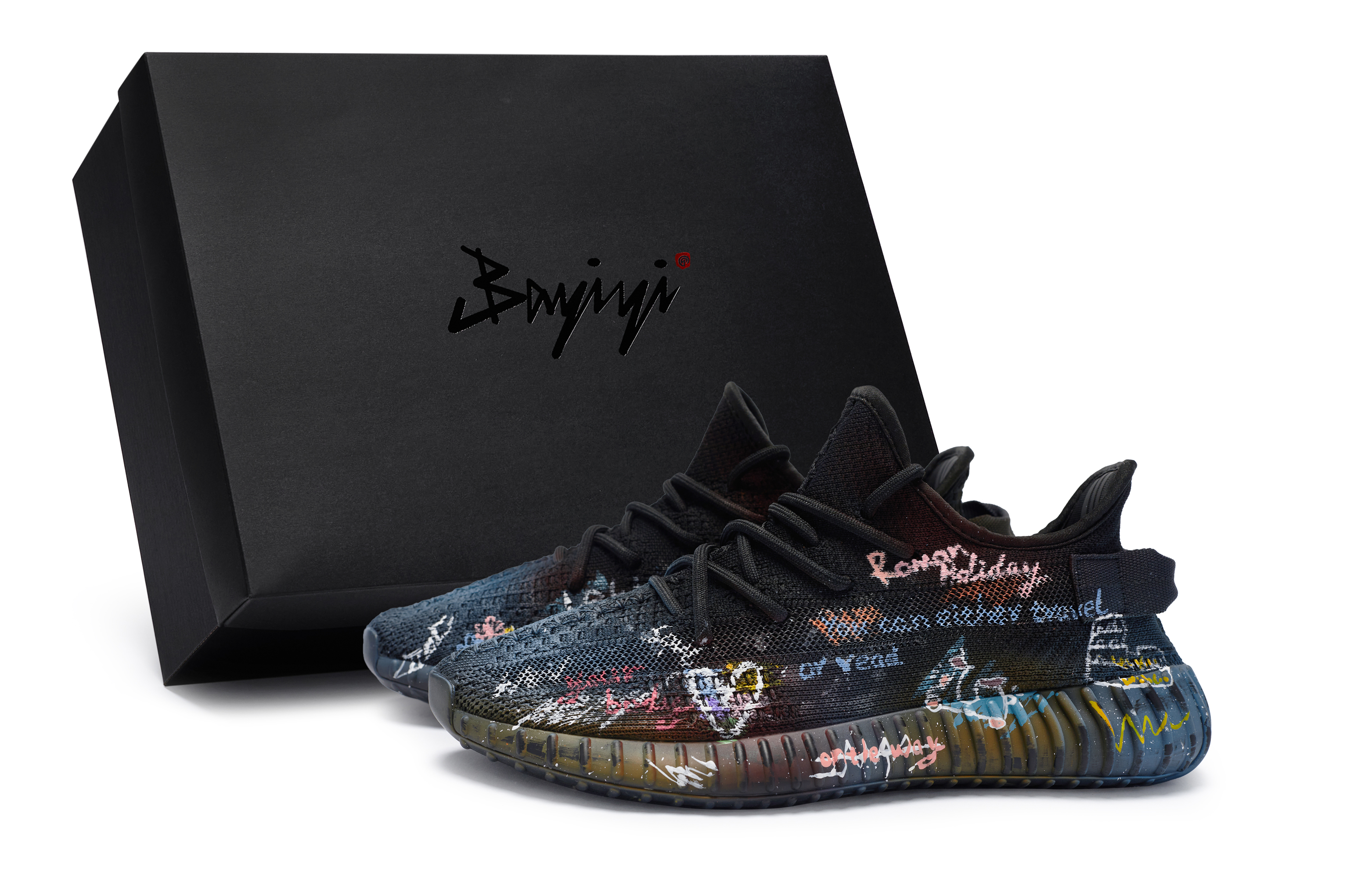 Custom adidas Yeezy Boost 350 V2 "Roman Encounter" Graffiti Black Blue Pink Casual Shoes HQ4540 (Team80 Roman Encounter S-BOX)