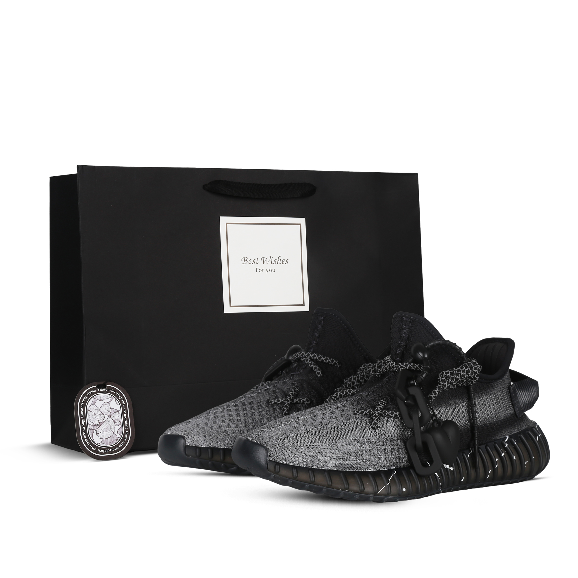 Custom adidas Yeezy Boost 350 V2 Black Metallic Reflective Laces Sneakers HQ4540 (Team368 - "Embrace White, Honor Black")