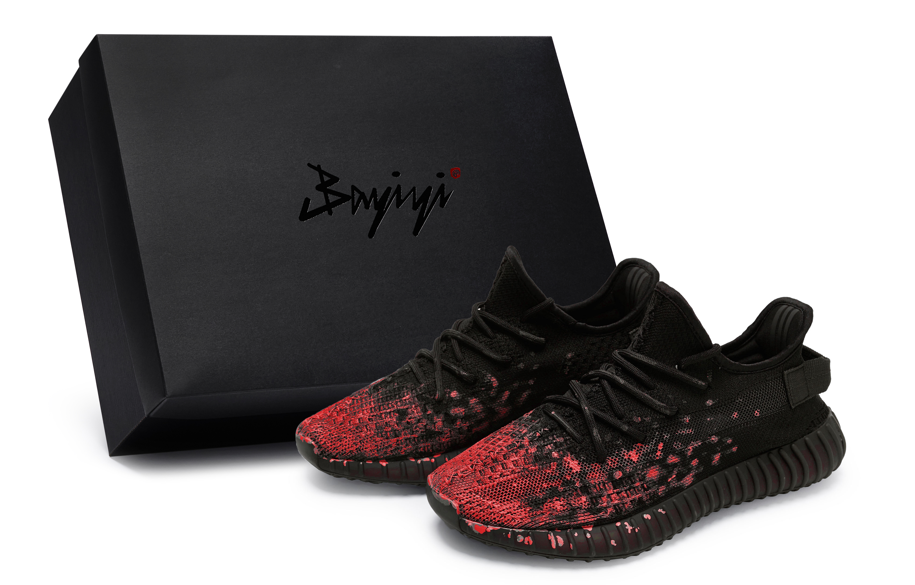 Custom adidas Yeezy Boost 350 V2 Black Red Splatter Lifestyle Shoes . HQ4540 (Team80 Dark Red Bloom S-BOX)