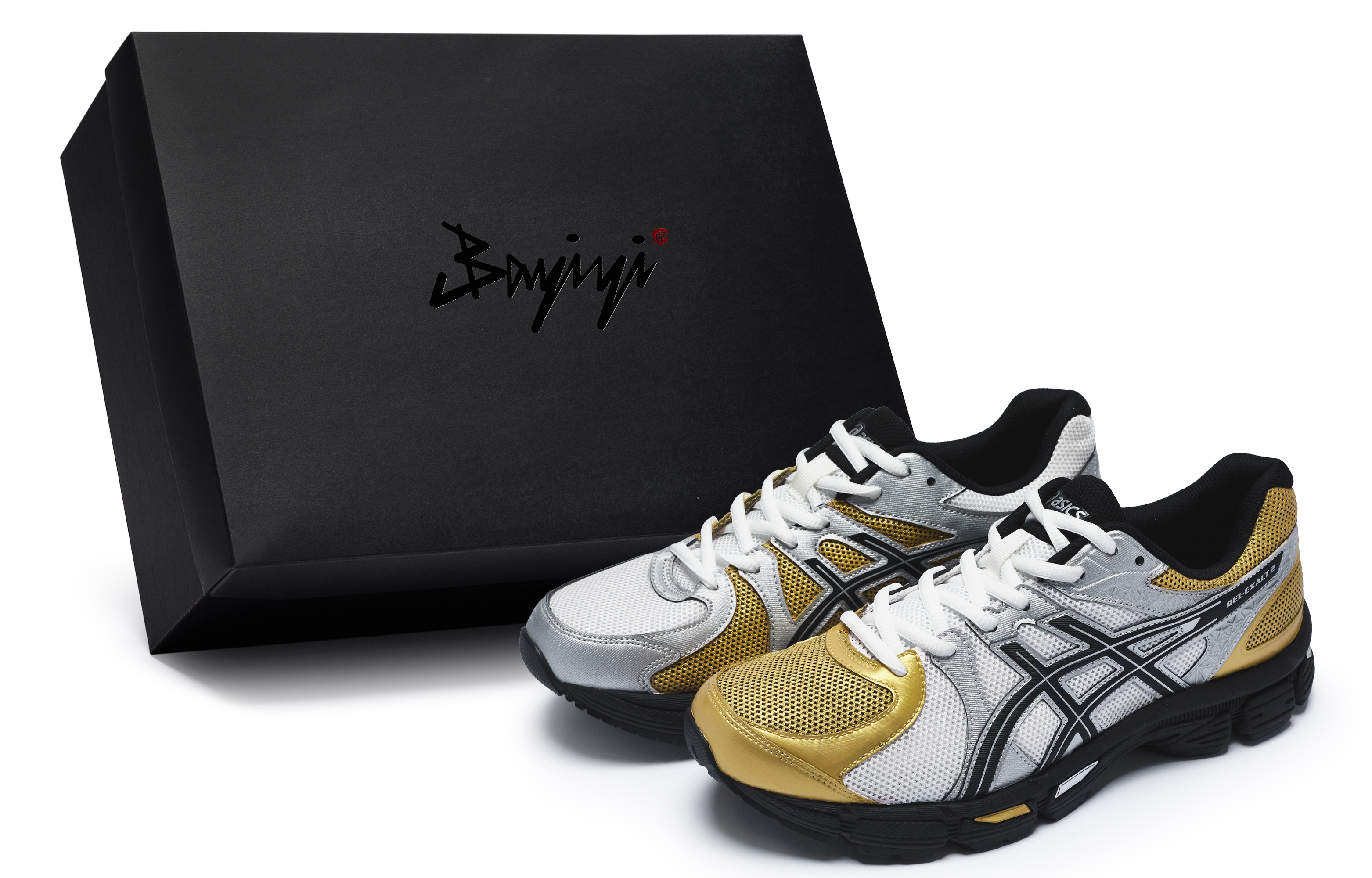 Custom ASICS Gel-Exalt 2 Dawn Blade Gold Silver Running Shoes 1011B918-102 (Team80 - Men's Dawn Dual-Blade SBOX)