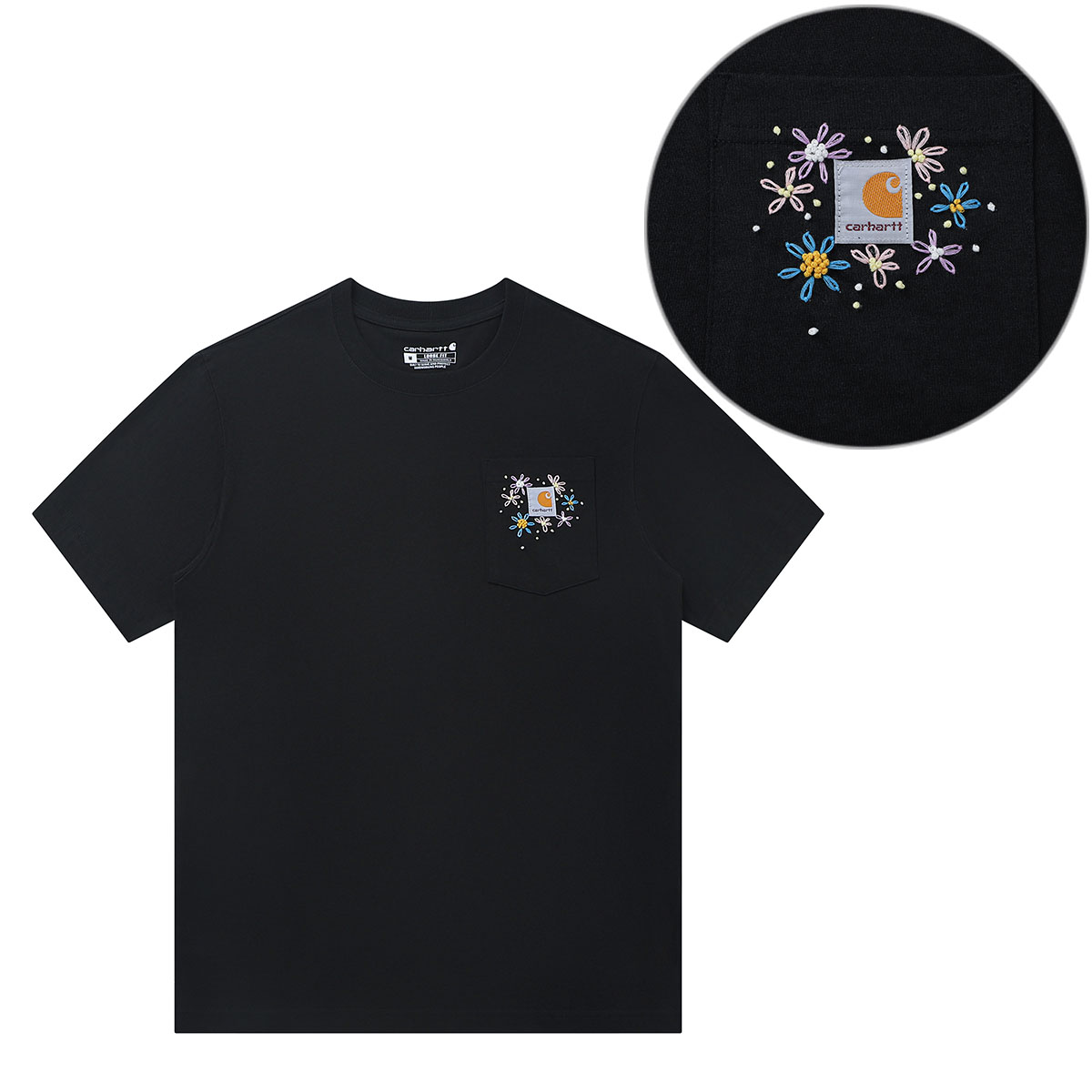 Custom Carhartt Black Pocket Tee with Handmade Floral Embroidery - Unisex. K87-BLK (Group-224 Xiaohua)