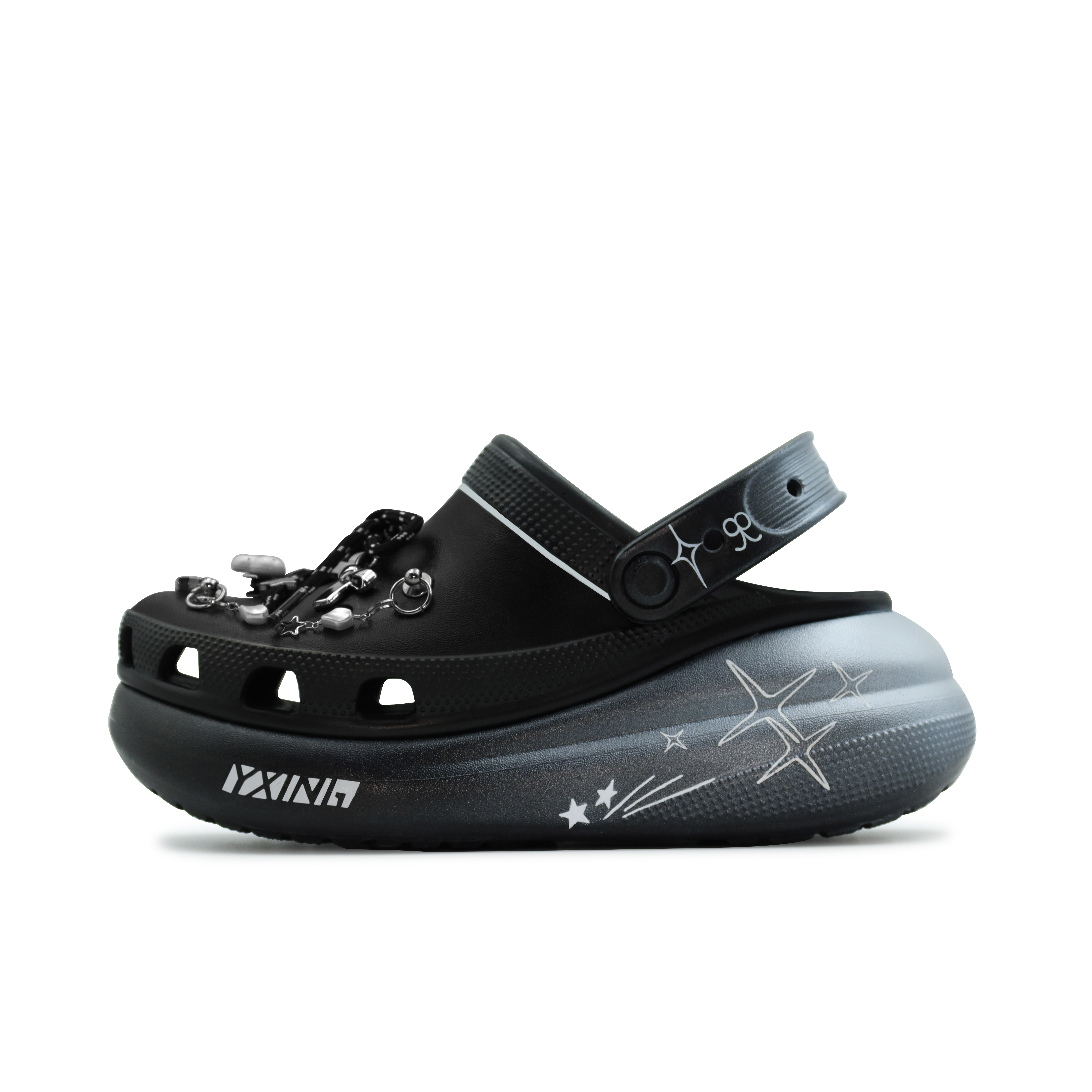 Custom Crocs Classic Crush Star-Made Black Silver Clogs Punk Rock Style 207521-001 (Team186 - Summon Stars)